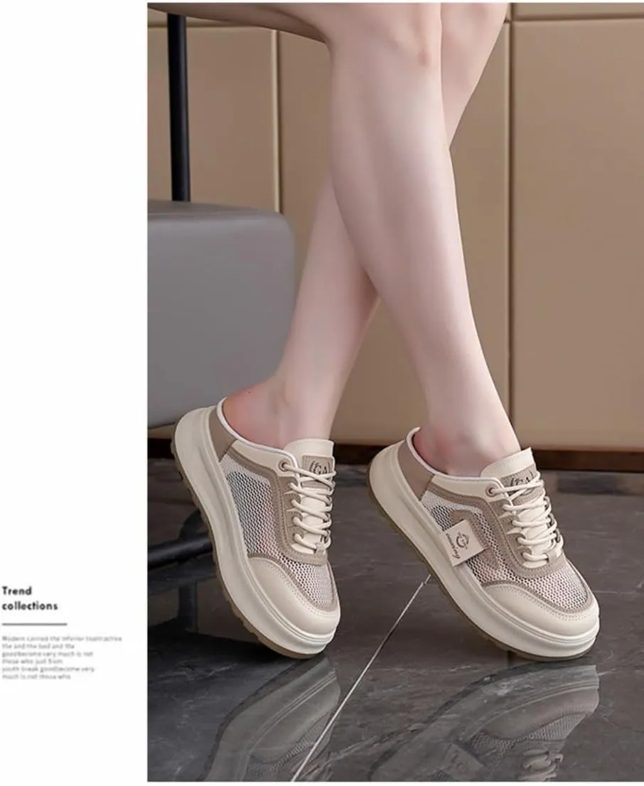 Backless Tennis Shoes for Women Wide Mule Sneakers Slip on House Slippers Platform Sandals Breathable Mesh Lightweight Casual Sports Shoes No Slip Comfort Walking Slides Summer Office Gym Driving