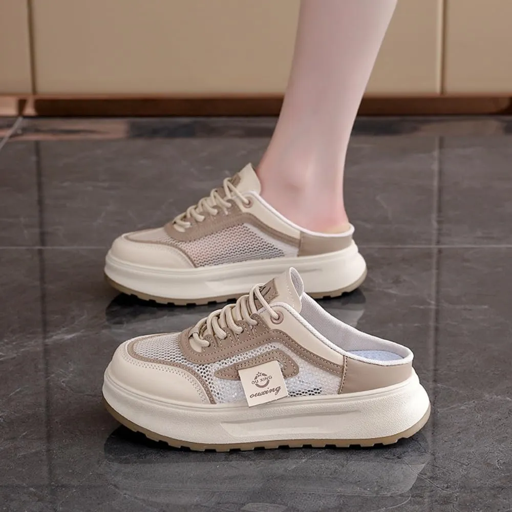 Backless Tennis Shoes for Women Wide Mule Sneakers Slip on House Slippers Platform Sandals Breathable Mesh Lightweight Casual Sports Shoes No Slip Comfort Walking Slides Summer Office Gym Driving