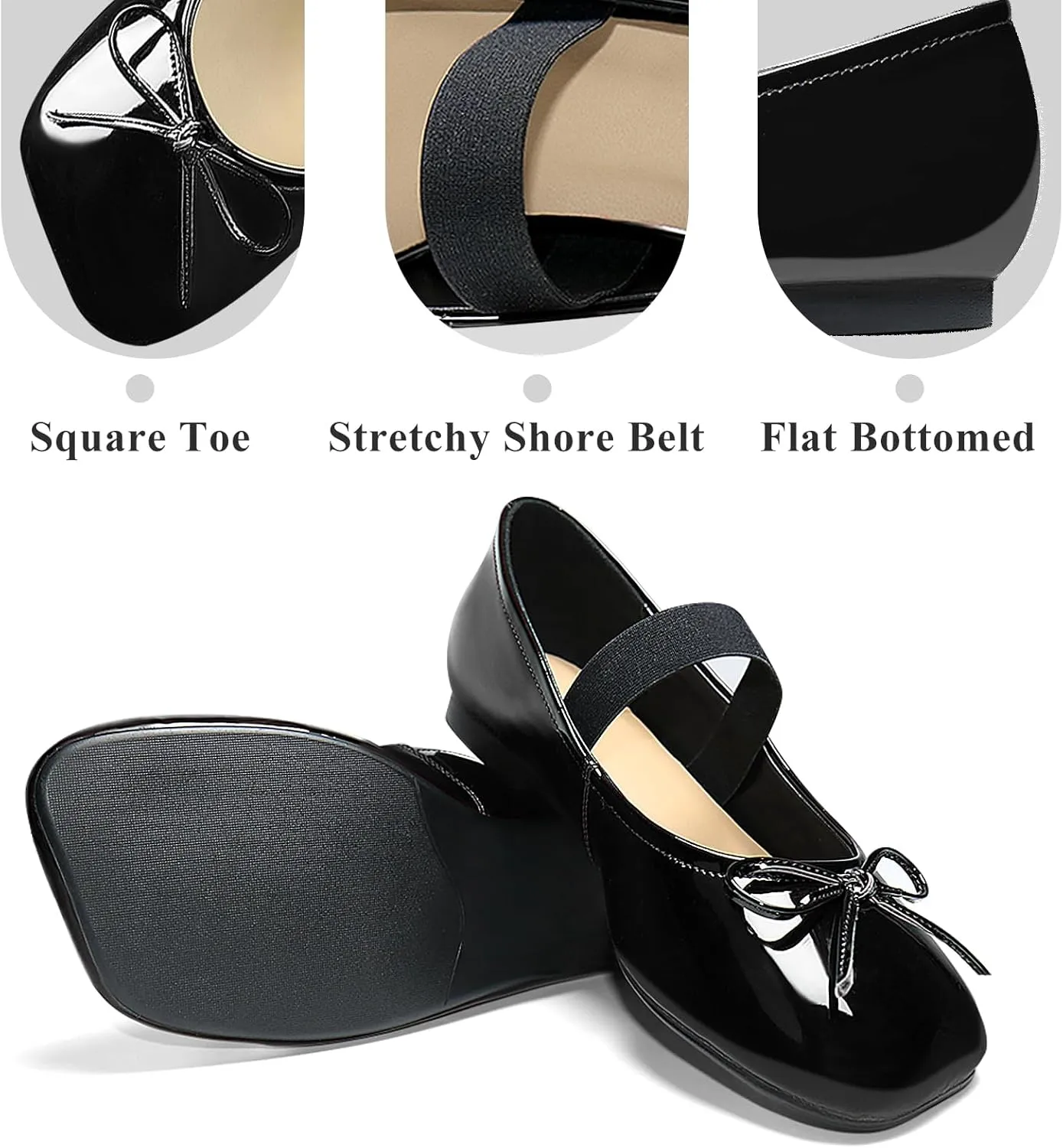 Ballet Flats for Women Square Toe Low Heel Slip on with Bow Ankle Strap Ladies Shoes