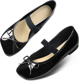 Ballet Flats for Women Square Toe Low Heel Slip on with Bow Ankle Strap Ladies Shoes