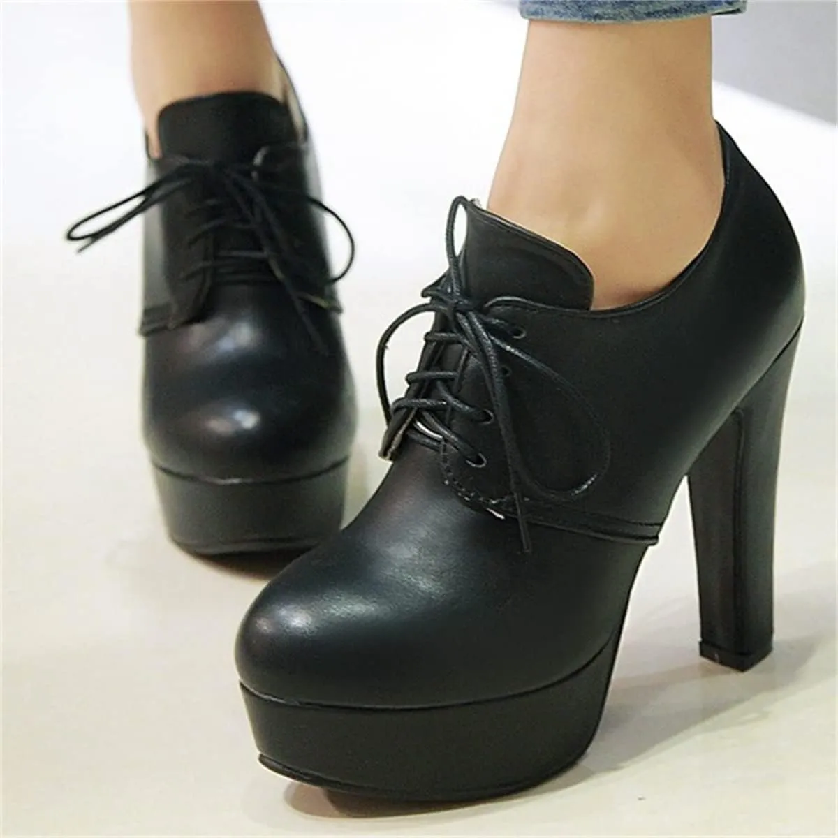 Betastella Women's Chunky Platform Booties Lace Up High Block Heel Ankle Boots