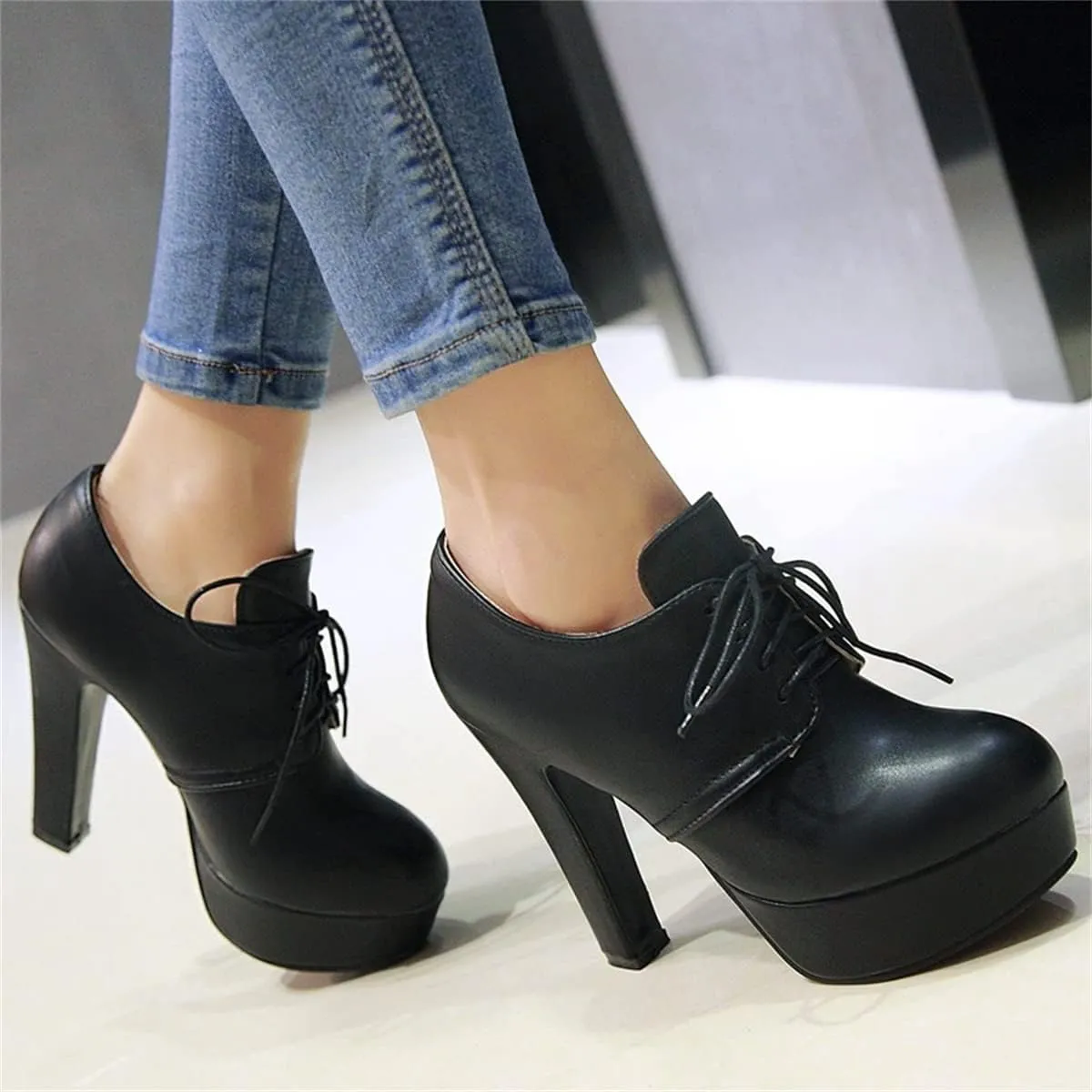 Betastella Women's Chunky Platform Booties Lace Up High Block Heel Ankle Boots