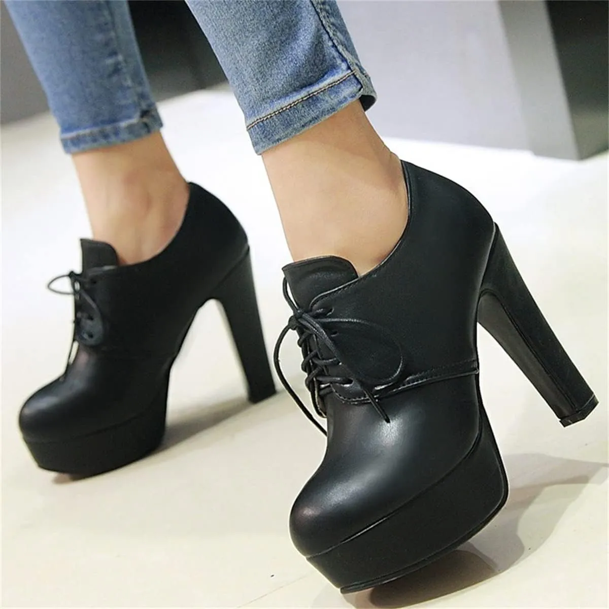 Betastella Women's Chunky Platform Booties Lace Up High Block Heel Ankle Boots