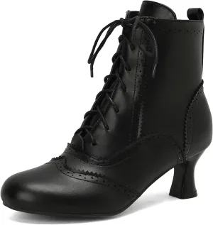 Betastella Womens Vintage Renaissance Boots Kitten Heel Lace Up Victorian Boots Round Toe Chunky Heel Ankle Boots Wingtip Brogue Witch Booties