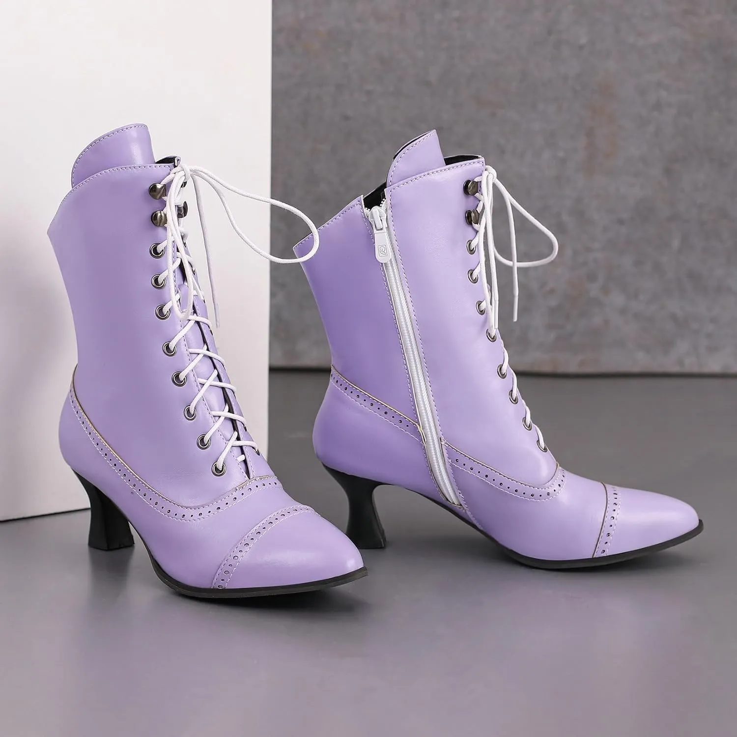 Betastella Womens Vintage Style Renaissance Boots Kitten Heel Lace Up Victorian Boots Pointed Toe Chunky Heel Ankle Boots Wingtip Witch Booties