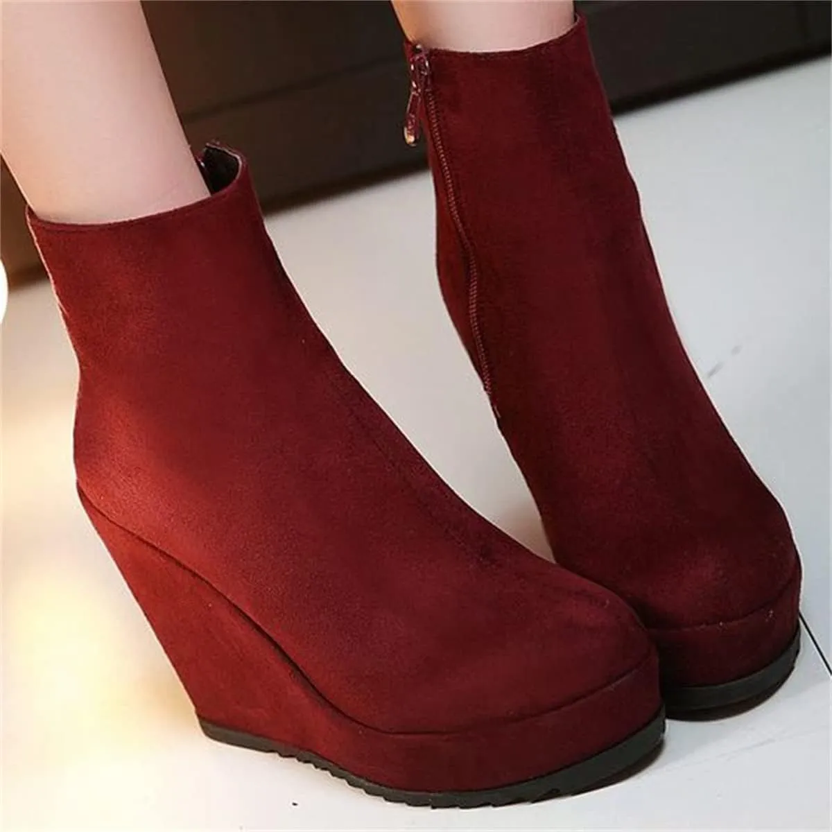 Betastella Women's Wedge Platform Ankle Boots Faux Suede Heels Zip Up Booties