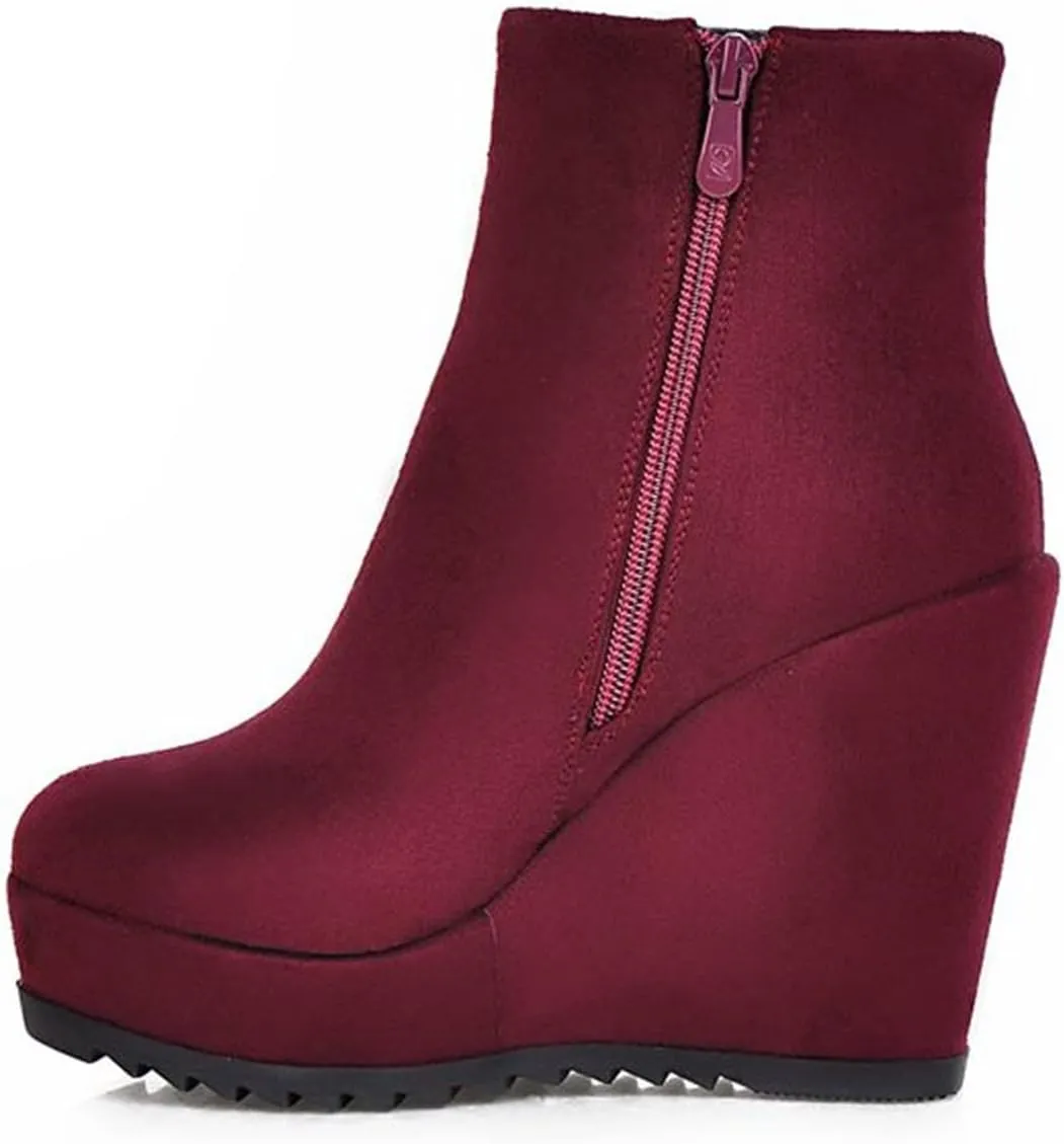 Betastella Women's Wedge Platform Ankle Boots Faux Suede Heels Zip Up Booties