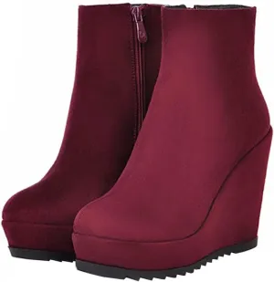 Betastella Women's Wedge Platform Ankle Boots Faux Suede Heels Zip Up Booties