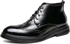 Black Black Wingtip Brogues Pointed Toe Work Boots for Men Classic Lace-up Modern Formal High Top Derby Oxfords Vintage Business Casual Dress Shoes with Zipper