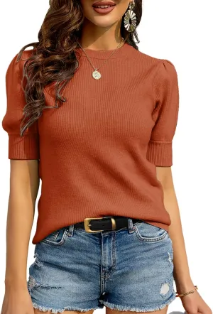 Bodosalia Womens Puff Short Sleeve Sweater Casual Summer Crew Neck Pullover Tops Ribbed Knit Sweater Blouse