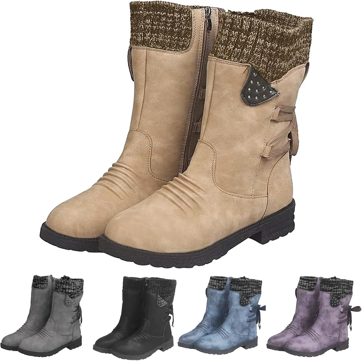 Boots for Women Trendy Winter Mid Calf Side Zip Low Heel Western Platform Hiking Booties Warm Non Slip Outdoor Shoes