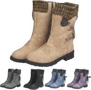 Boots for Women Trendy Winter Mid Calf Side Zip Low Heel Western Platform Hiking Booties Warm Non Slip Outdoor Shoes