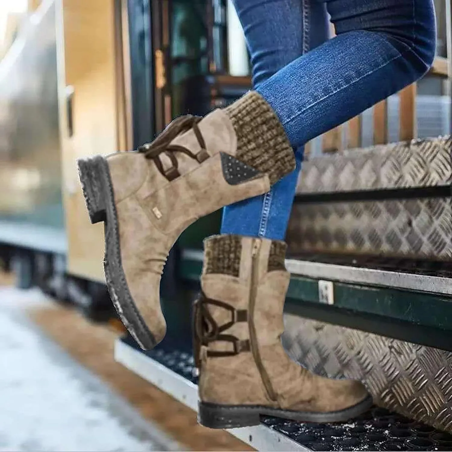 Boots for Women Trendy Winter Mid Calf Side Zip Low Heel Western Platform Hiking Booties Warm Non Slip Outdoor Shoes