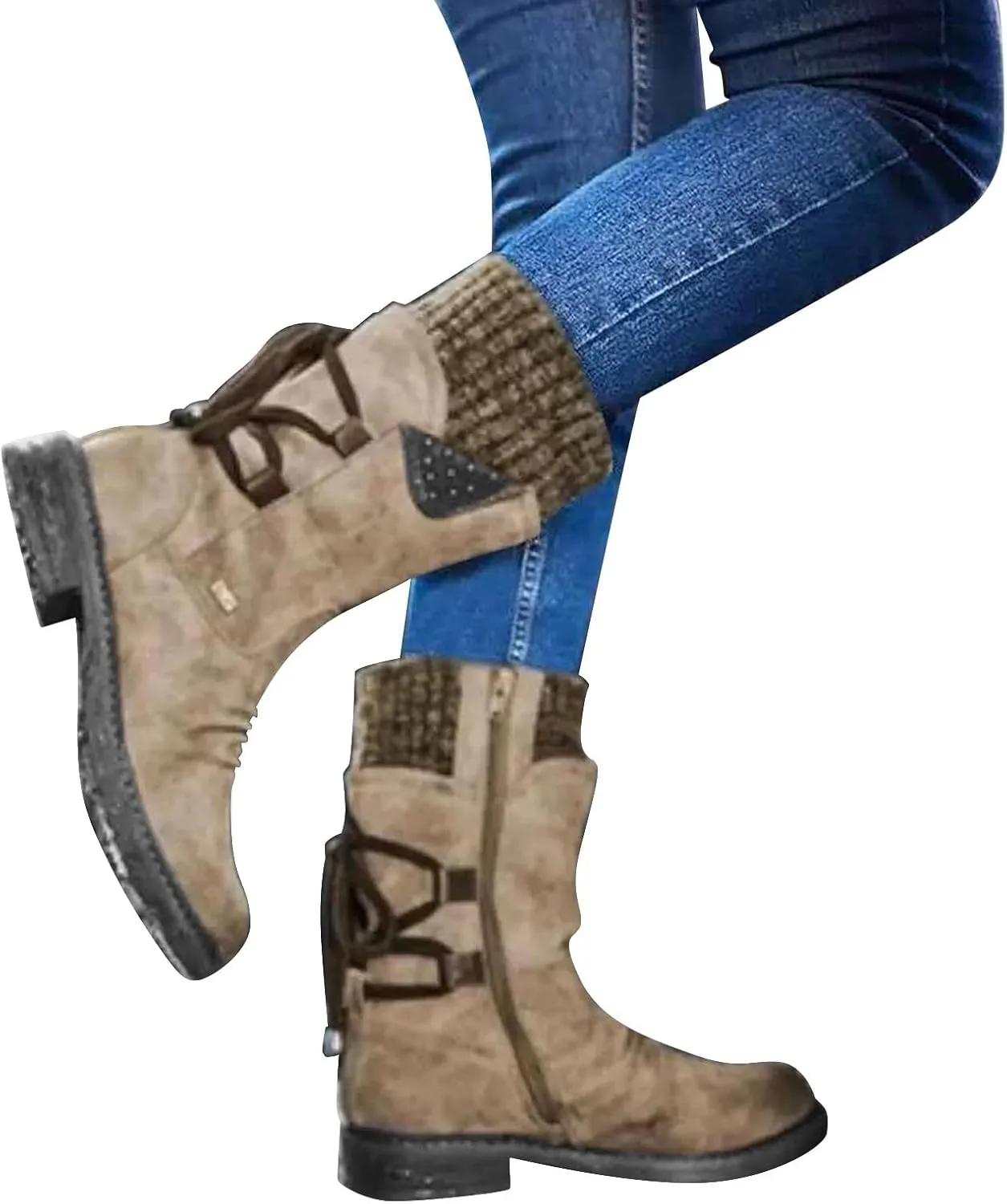 Boots for Women Trendy Winter Mid Calf Side Zip Low Heel Western Platform Hiking Booties Warm Non Slip Outdoor Shoes