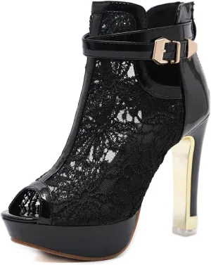 BORAMAX Women's Pretty Lace Flowers Open Toes High Heels Ankle Boots Platform Boots Peep Toe Colorful Casual Womens Boots