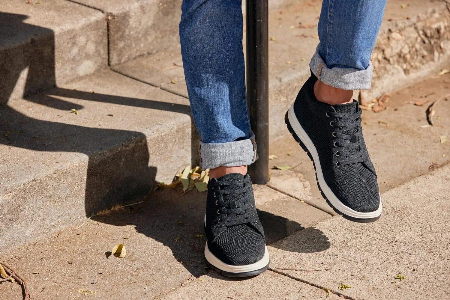 CALTO Men's Invisible Height Increasing Elevator Casual Shoes - Black/White & Black Sole Light-Weight Lace-up Knitted Casual Sporty Sneakers - 2.4 Inches Taller - X2322 - Size 9 D(M) US