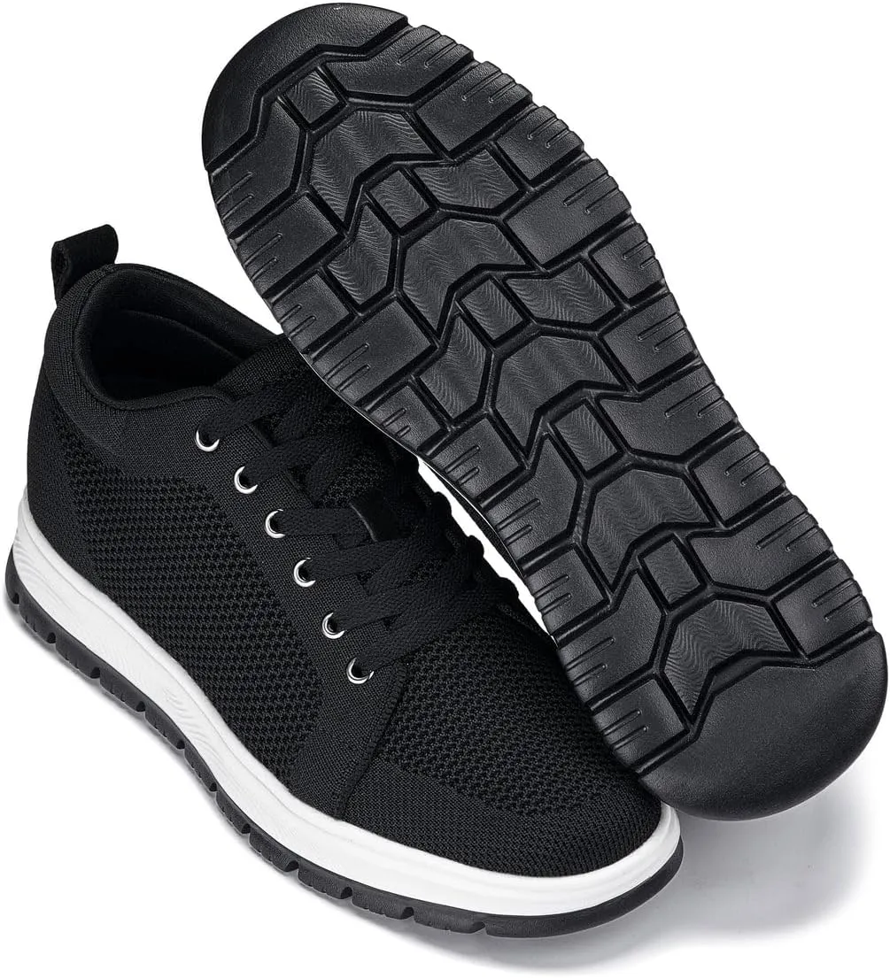 CALTO Men's Invisible Height Increasing Elevator Casual Shoes - Black/White & Black Sole Light-Weight Lace-up Knitted Casual Sporty Sneakers - 2.4 Inches Taller - X2322 - Size 9 D(M) US