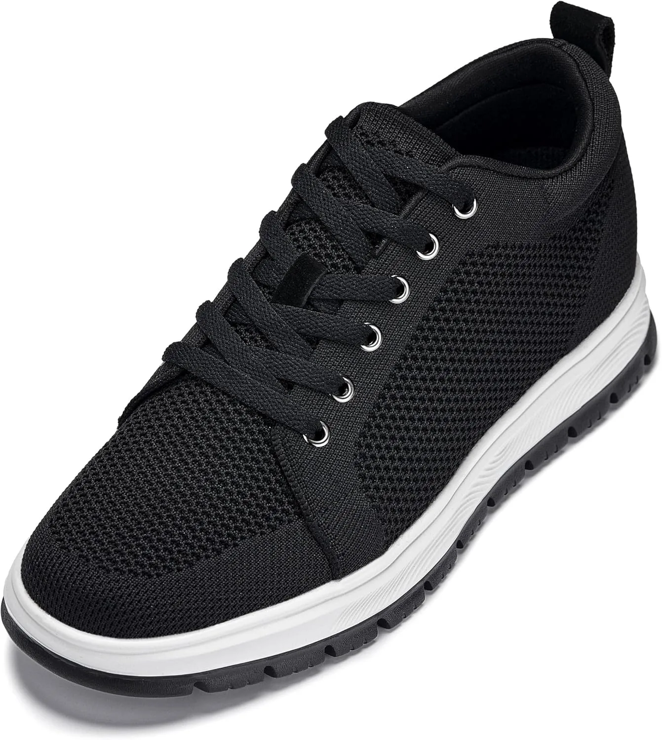 CALTO Men's Invisible Height Increasing Elevator Casual Shoes - Black/White & Black Sole Light-Weight Lace-up Knitted Casual Sporty Sneakers - 2.4 Inches Taller - X2322 - Size 9 D(M) US
