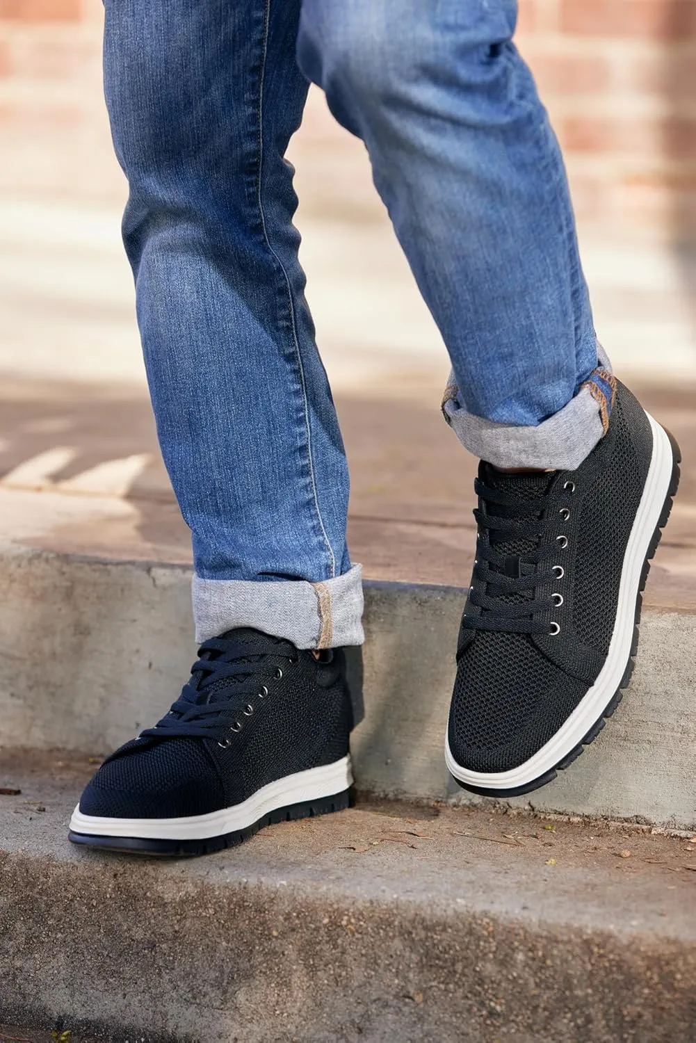CALTO Men's Invisible Height Increasing Elevator Casual Shoes - Black/White & Black Sole Light-Weight Lace-up Knitted Casual Sporty Sneakers - 2.4 Inches Taller - X2322 - Size 9 D(M) US