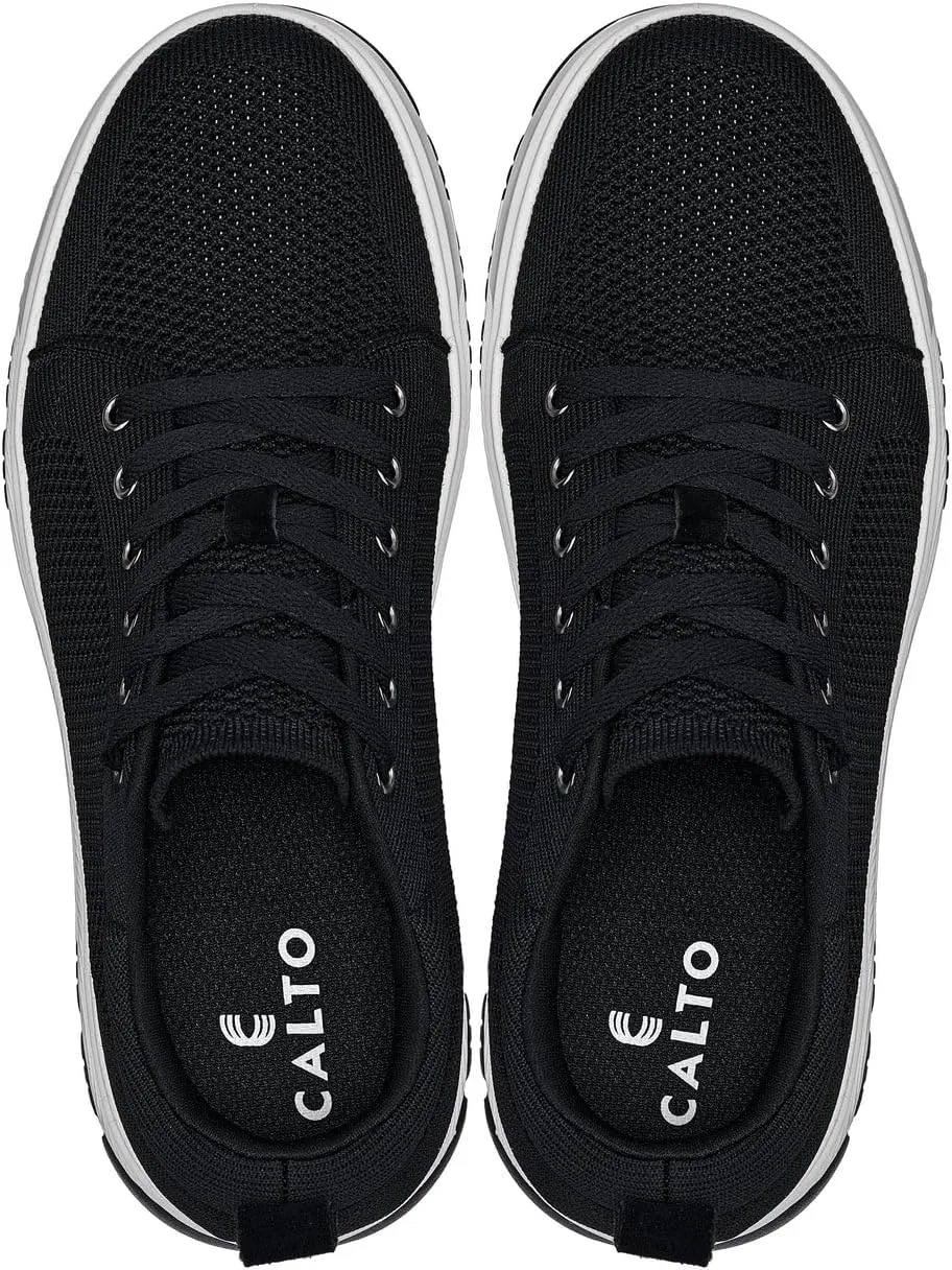 CALTO Men's Invisible Height Increasing Elevator Casual Shoes - Black/White & Black Sole Light-Weight Lace-up Knitted Casual Sporty Sneakers - 2.4 Inches Taller - X2322 - Size 9 D(M) US