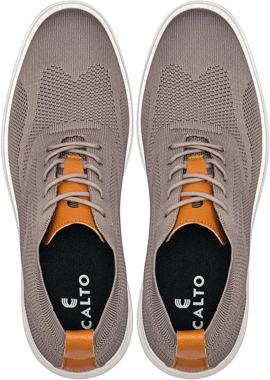 CALTO Men's Invisible Height Increasing Elevator Casual Shoes - Khaki/Brown Ultra Light-Weight Lace-up Knitted Casual Sporty Sneakers - 2.8 Inches Taller - X2638 - Size 10 D(M) US