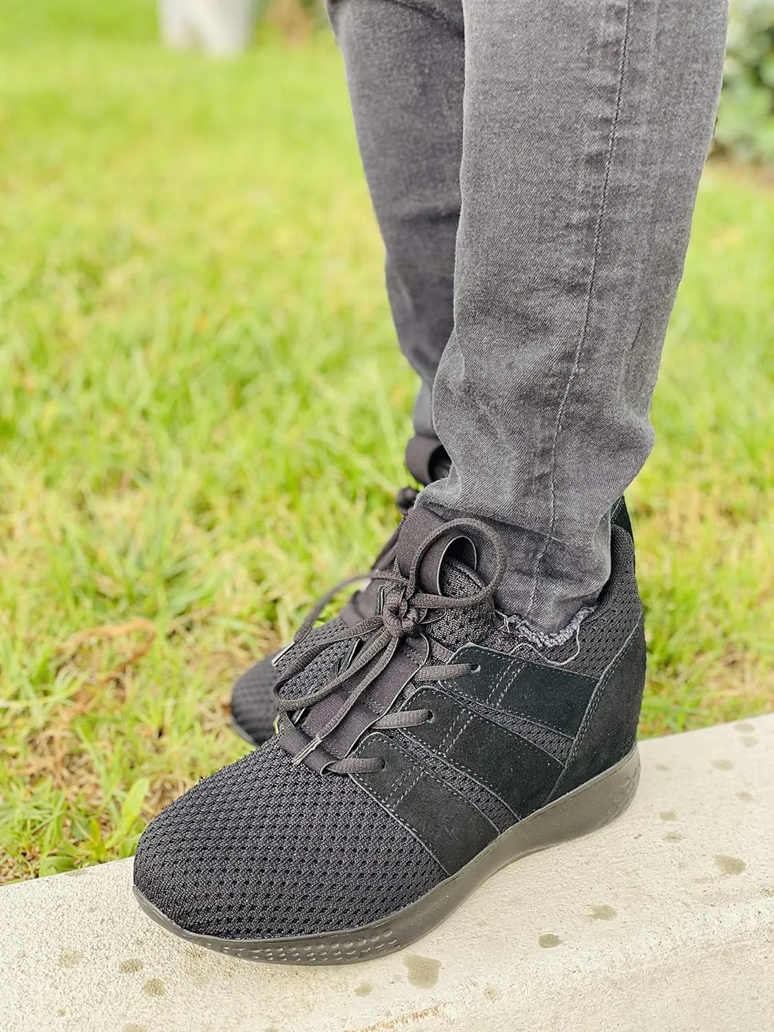 CALTO Men's Invisible Height Increasing Elevator Shoes - Black Mesh Super Lightweight Lace-up Sporty Trainer Sneakers - 3 Inches Taller - H1901 - Size 11 D(M) US
