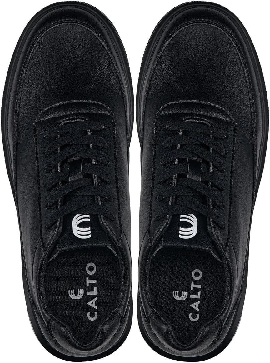CALTO Men's Invisible Height Increasing Elevator Shoes - Pitch Black Light-Weight Lace-up Leather Sporty Sneakers - 2.8 Inches Taller - X1646 - Size 9 D(M) US