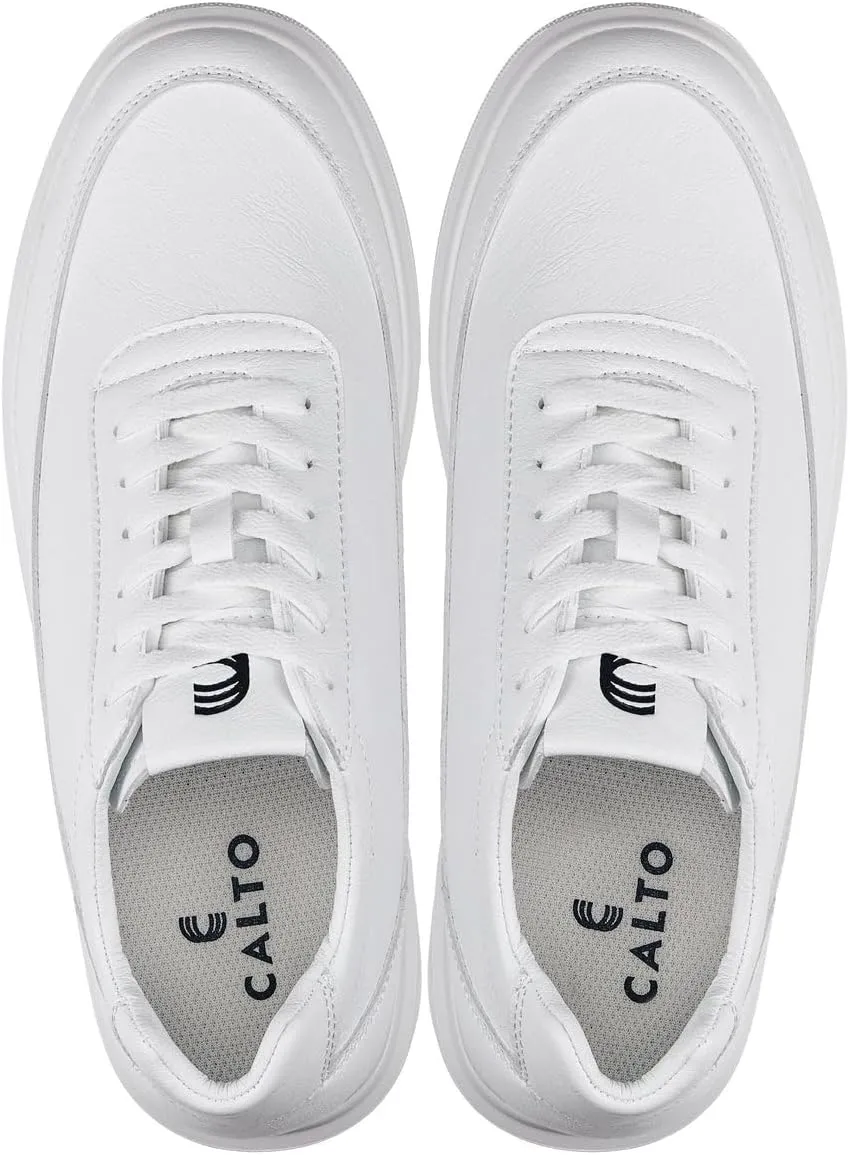 CALTO Men's Invisible Height Increasing Elevator Shoes - Pure White Light-Weight Lace-up Leather Sporty Sneakers - 2.8 Inches Taller - X1647 - Size 8 D(M) US
