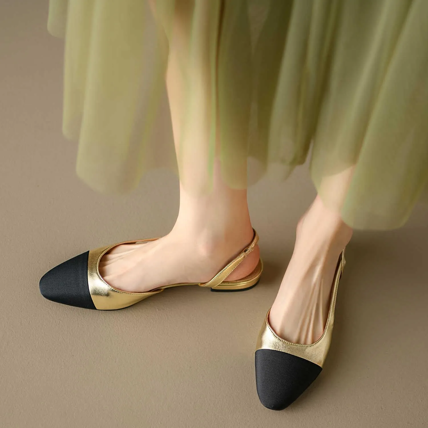 Cap Toe Sandals Leather for Women, Two Tone Closed Toed Slingback Slip On Low Heel Flats
