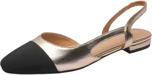 Cap Toe Sandals Leather for Women, Two Tone Closed Toed Slingback Slip On Low Heel Flats
