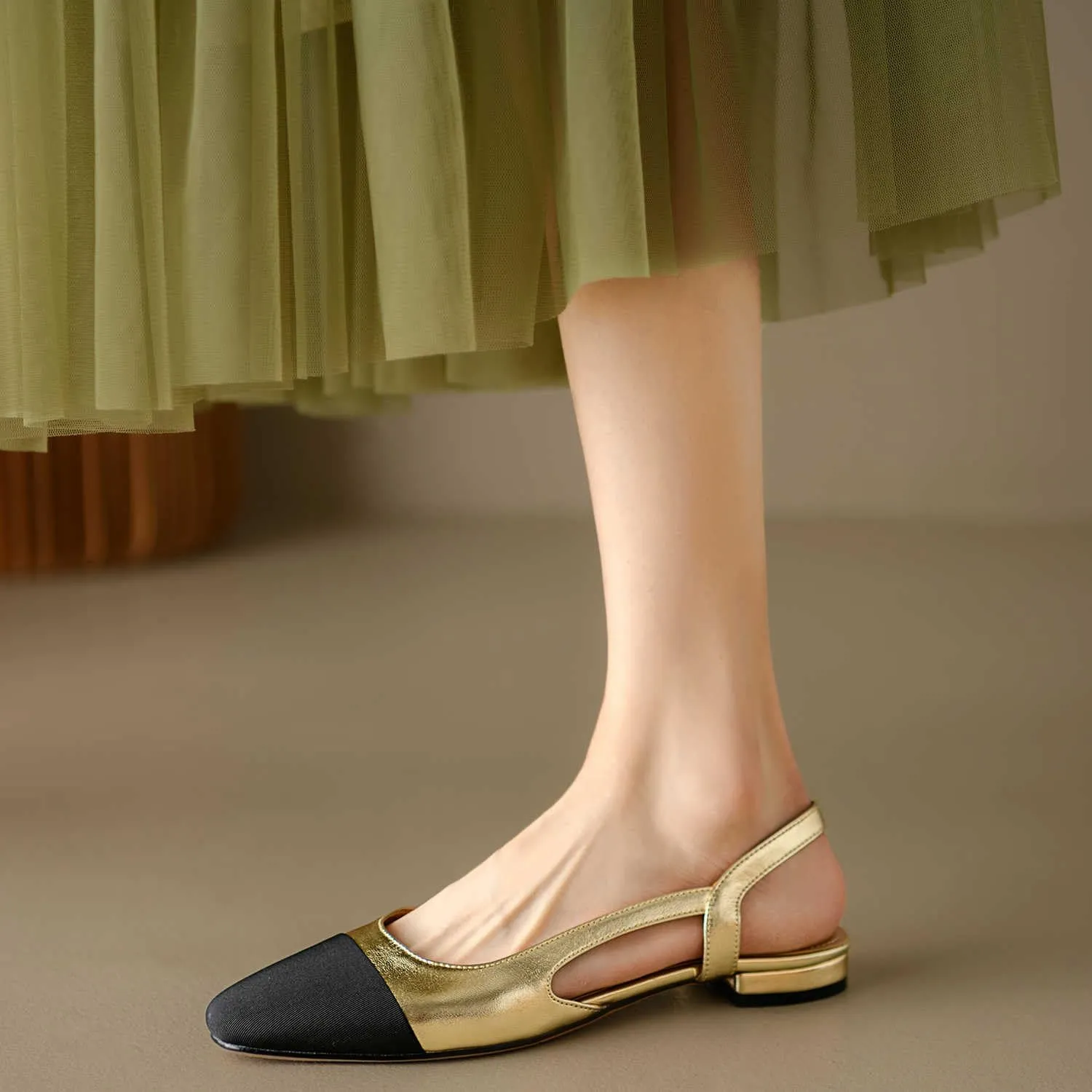 Cap Toe Sandals Leather for Women, Two Tone Closed Toed Slingback Slip On Low Heel Flats