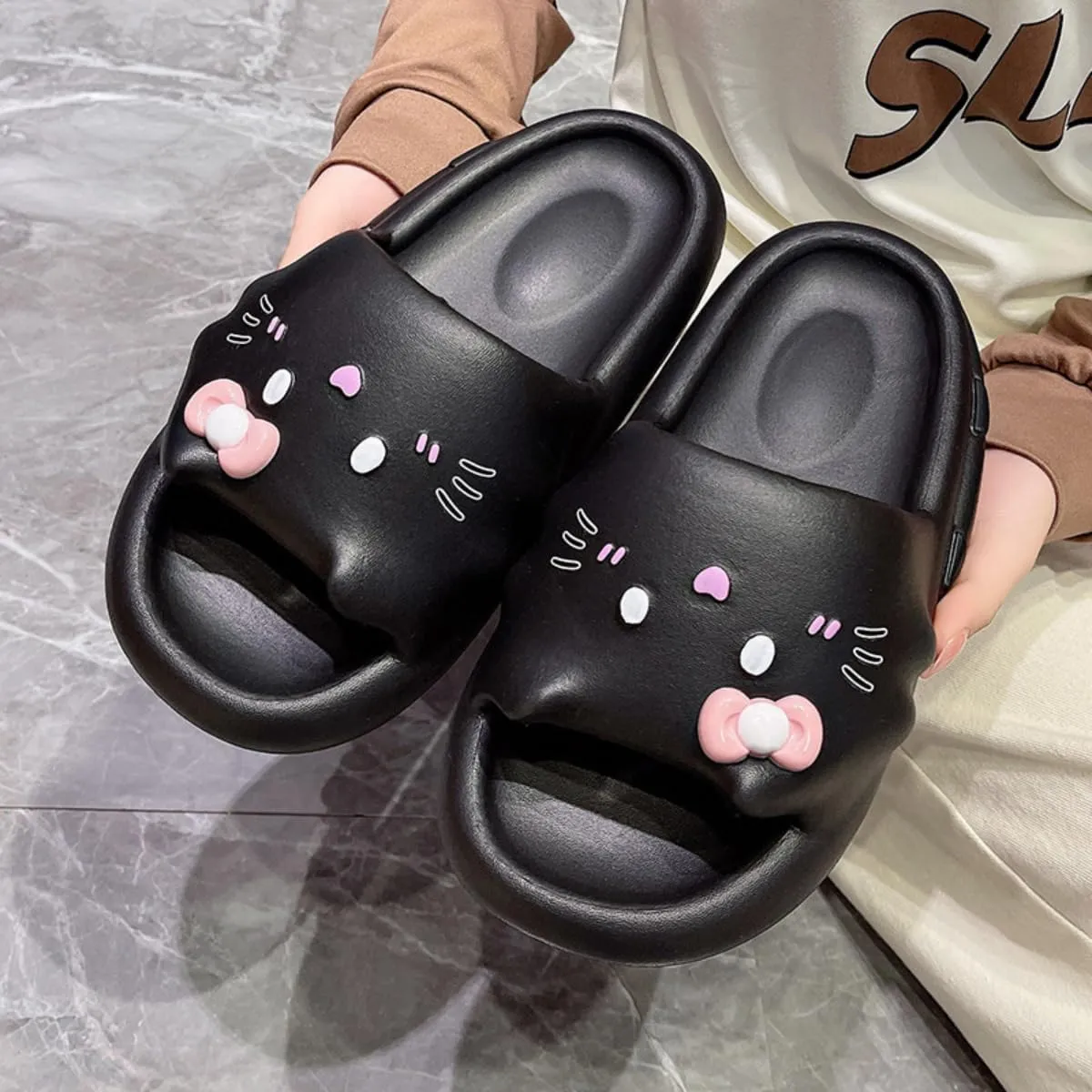 Cat Slippers Women Cute Kitty Pillow Slides Thick Sole Kawaii Non Slip Quick Drying Preppy Shower Bathroom Sandals Outdoor