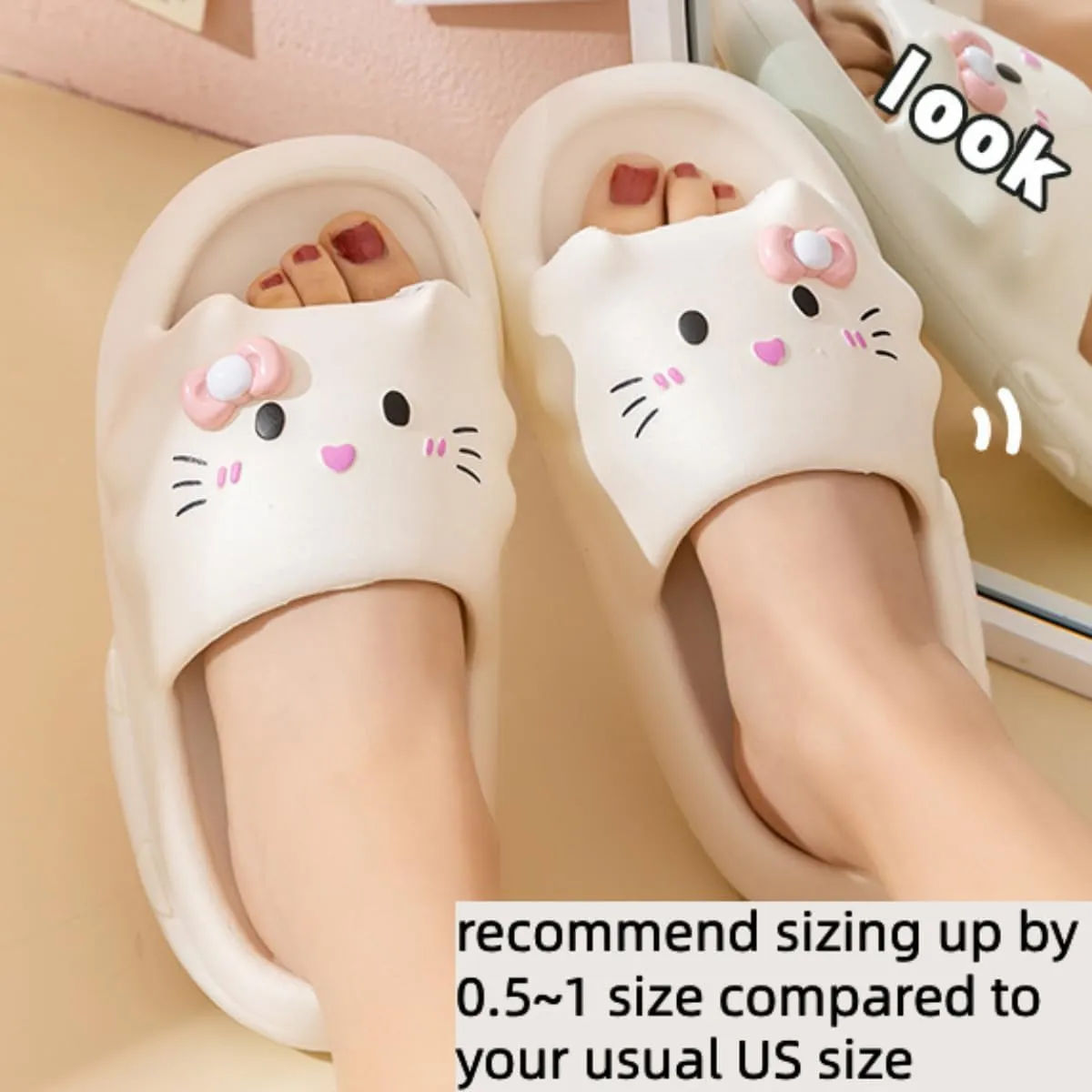 Cat Slippers Women Cute Kitty Pillow Slides Thick Sole Kawaii Non Slip Quick Drying Preppy Shower Bathroom Sandals Outdoor
