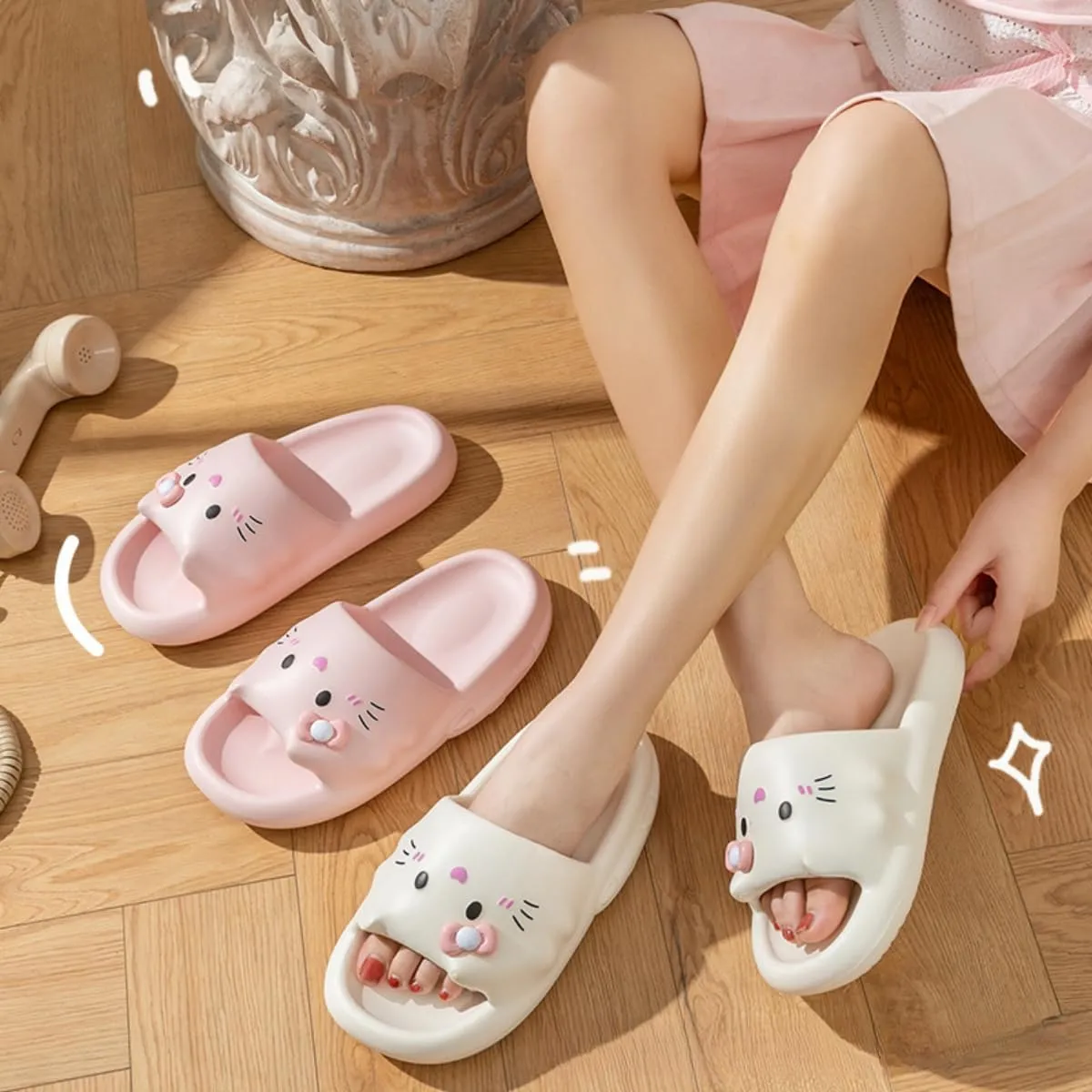 Cat Slippers Women Cute Kitty Pillow Slides Thick Sole Kawaii Non Slip Quick Drying Preppy Shower Bathroom Sandals Outdoor