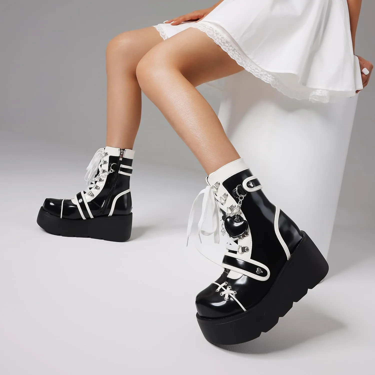 CELNEPHO Platform Ankle Boots for Women Wedge High Heel Booties Goth Round Toe Combat Boots Women Cute Heart Lace Up Rave Boots Outdoor Dress Boots with Chain