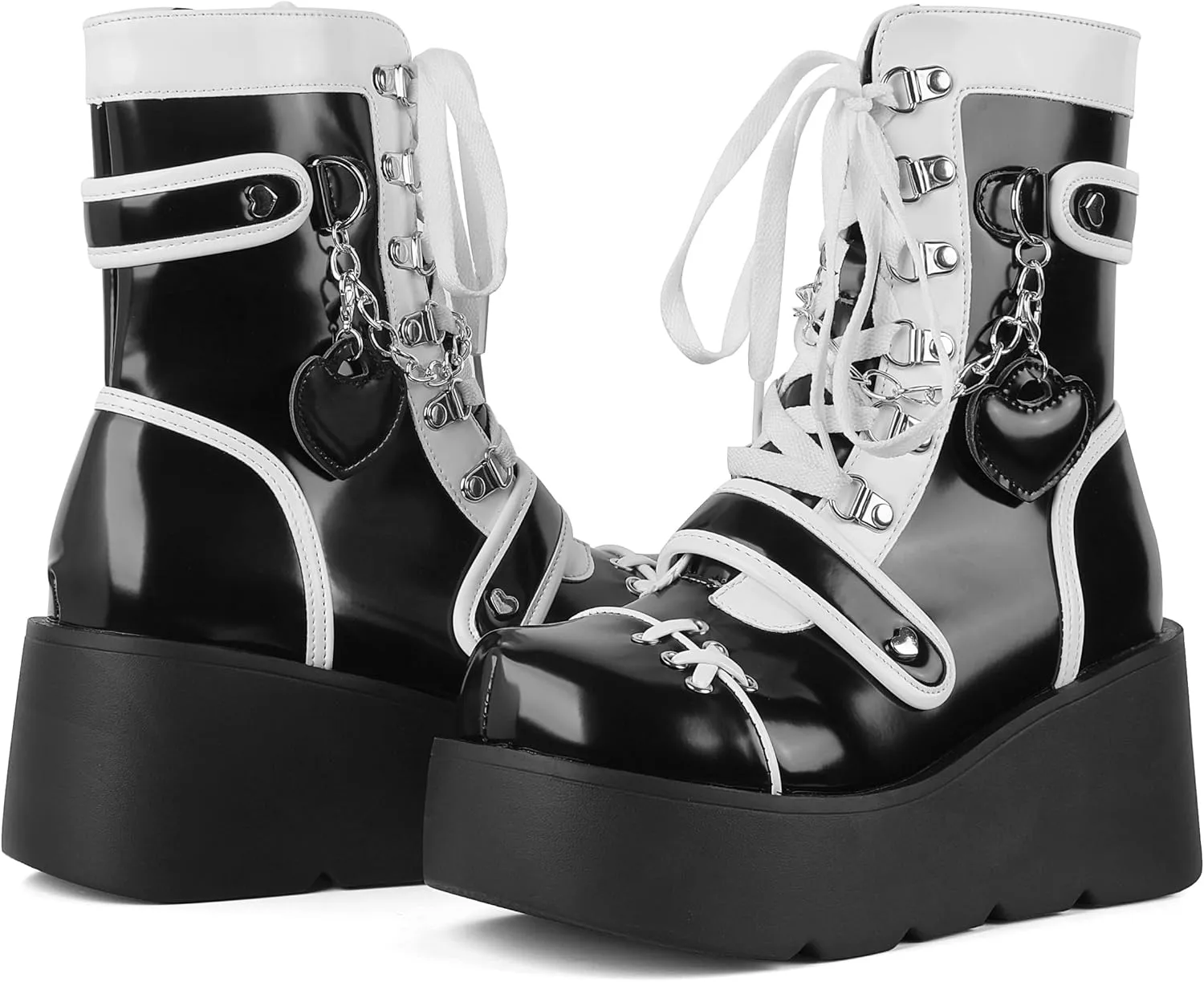 CELNEPHO Platform Ankle Boots for Women Wedge High Heel Booties Goth Round Toe Combat Boots Women Cute Heart Lace Up Rave Boots Outdoor Dress Boots with Chain
