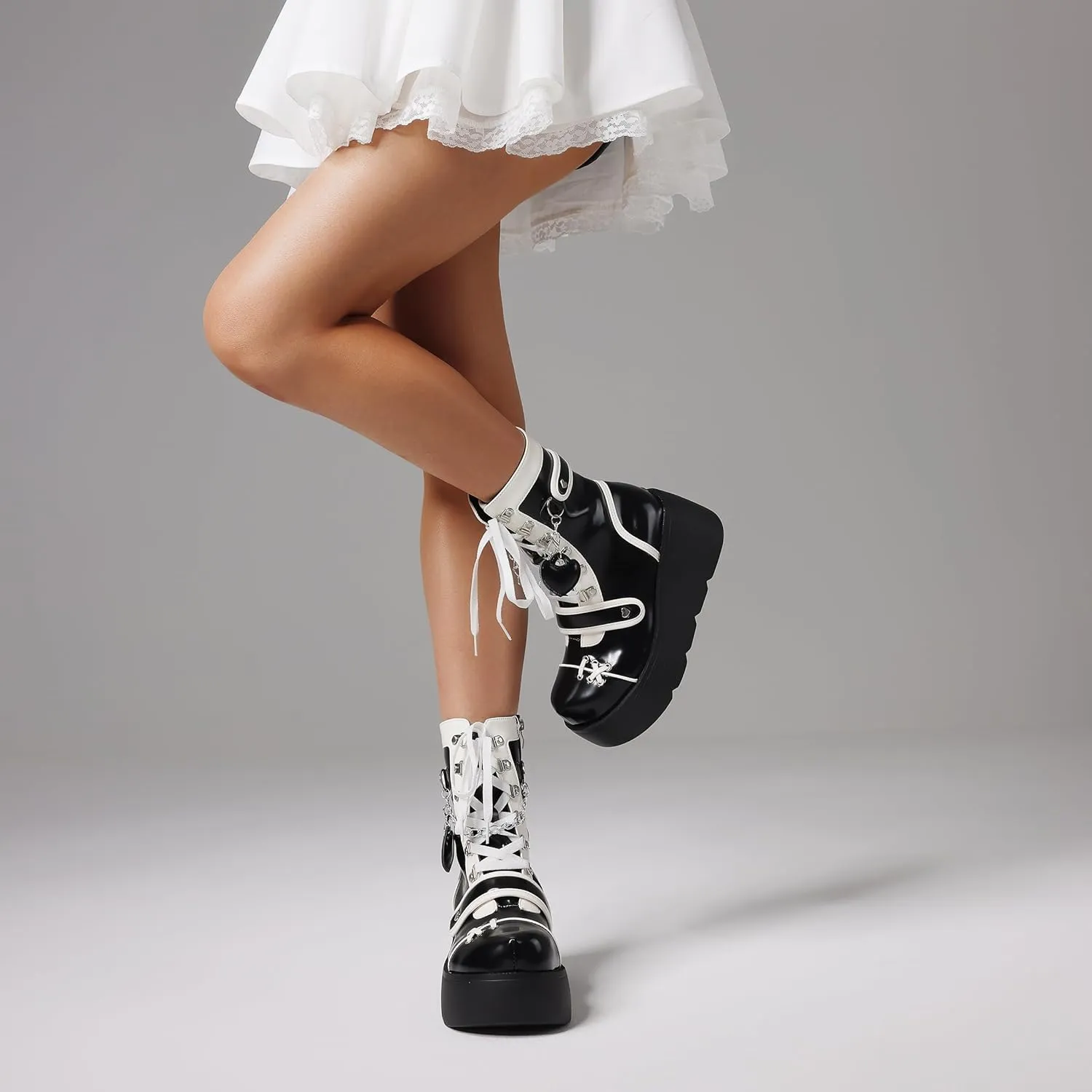 CELNEPHO Platform Ankle Boots for Women Wedge High Heel Booties Goth Round Toe Combat Boots Women Cute Heart Lace Up Rave Boots Outdoor Dress Boots with Chain