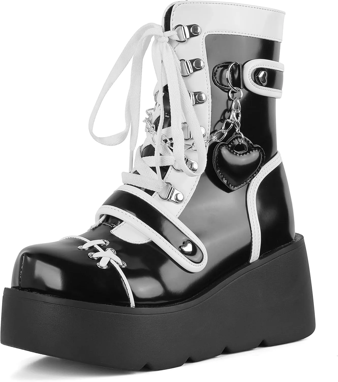 CELNEPHO Platform Ankle Boots for Women Wedge High Heel Booties Goth Round Toe Combat Boots Women Cute Heart Lace Up Rave Boots Outdoor Dress Boots with Chain