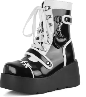 CELNEPHO Platform Ankle Boots for Women Wedge High Heel Booties Goth Round Toe Combat Boots Women Cute Heart Lace Up Rave Boots Outdoor Dress Boots with Chain