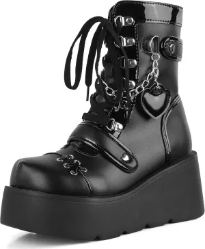 CELNEPHO Platform Ankle Boots for Women Wedge High Heel Booties Goth Round Toe Combat Boots Women Cute Heart Lace Up Rave Boots Outdoor Dress Boots with Chain