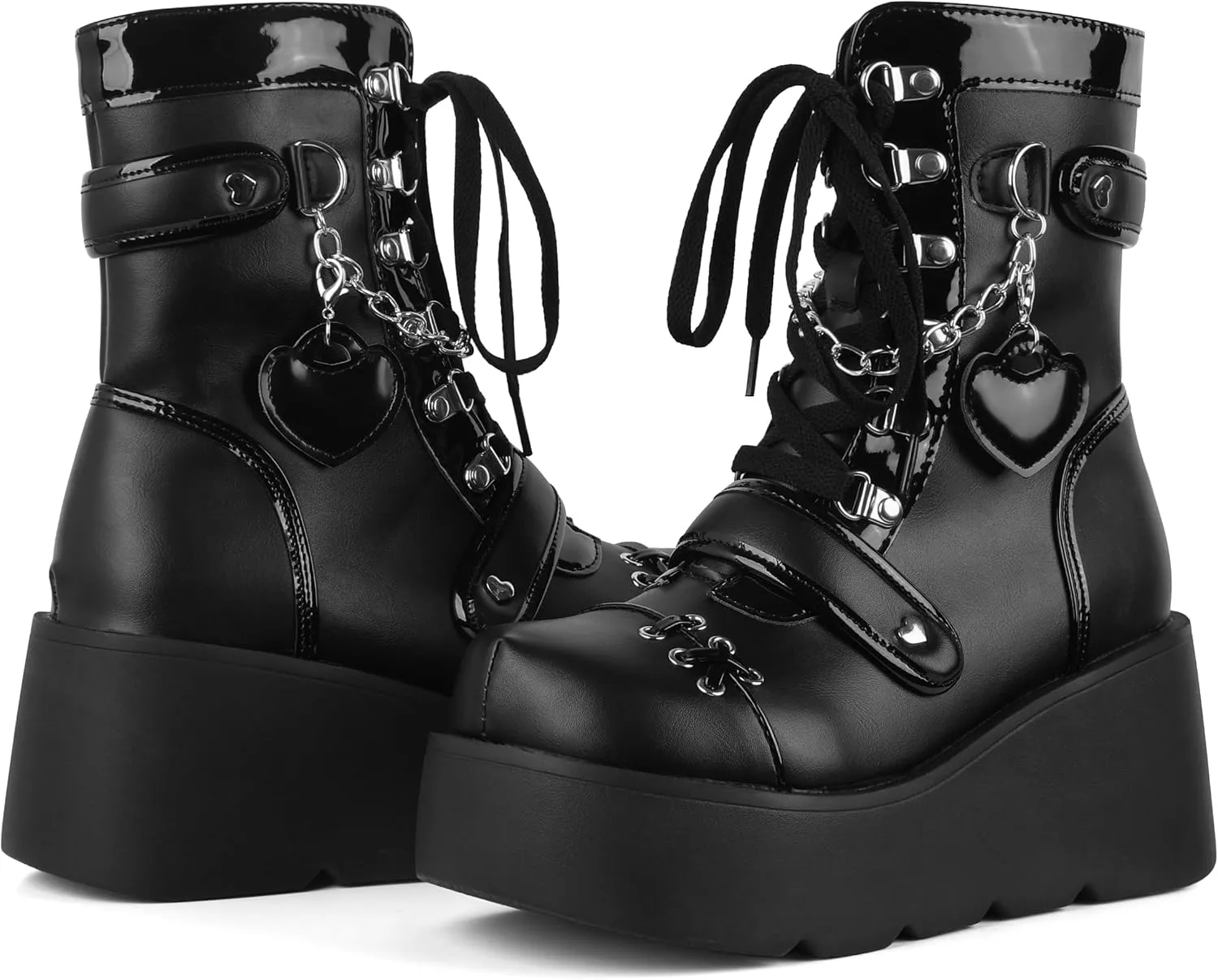 CELNEPHO Platform Ankle Boots for Women Wedge High Heel Booties Goth Round Toe Combat Boots Women Cute Heart Lace Up Rave Boots Outdoor Dress Boots with Chain