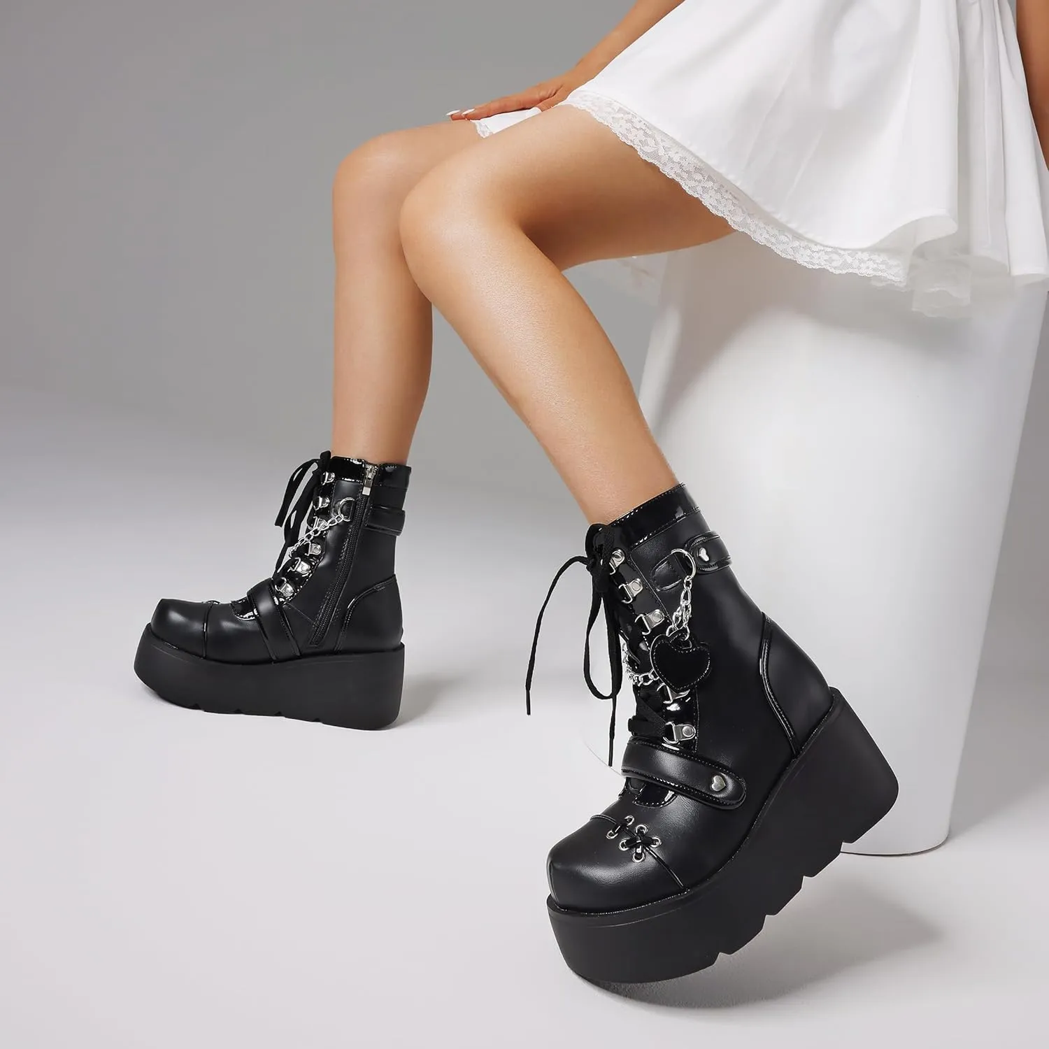 CELNEPHO Platform Ankle Boots for Women Wedge High Heel Booties Goth Round Toe Combat Boots Women Cute Heart Lace Up Rave Boots Outdoor Dress Boots with Chain