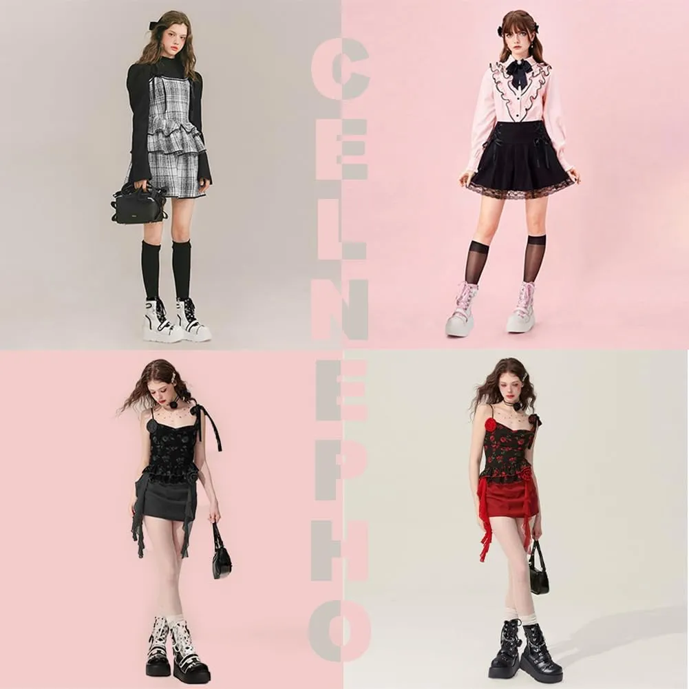 CELNEPHO Platform Ankle Boots for Women Wedge High Heel Booties Goth Round Toe Combat Boots Women Cute Heart Lace Up Rave Boots Outdoor Dress Boots with Chain