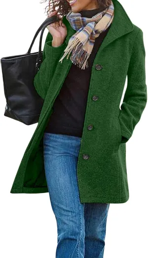 chouyatou Women's Winter Wool Blend Pea Coat Single Breasted Stand Collar Casual Trench Coat Overcoat