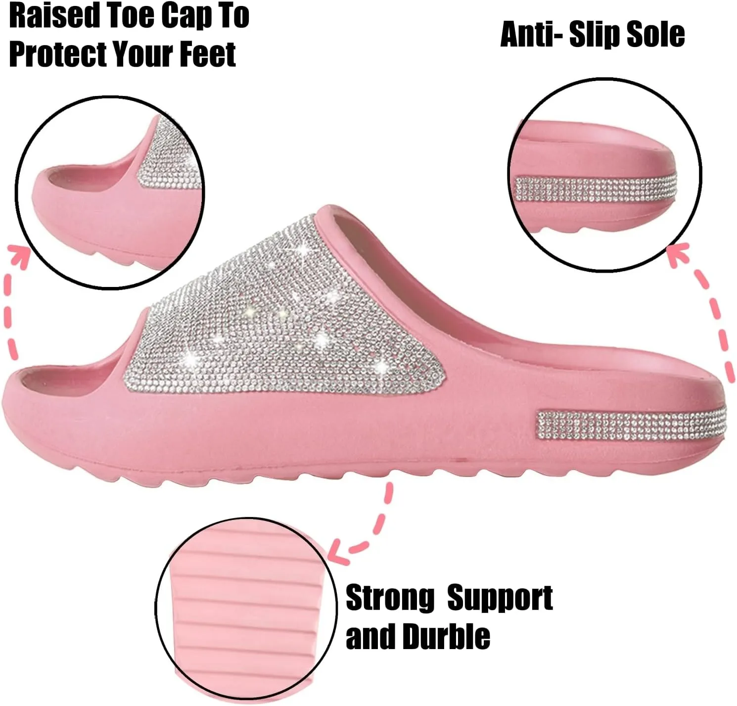 Cloud Slides for Women Thick Sole Sandals Quick Drying Shower Shoes EVA Non-Slip Rhinestone Slippers Glitter Crystal