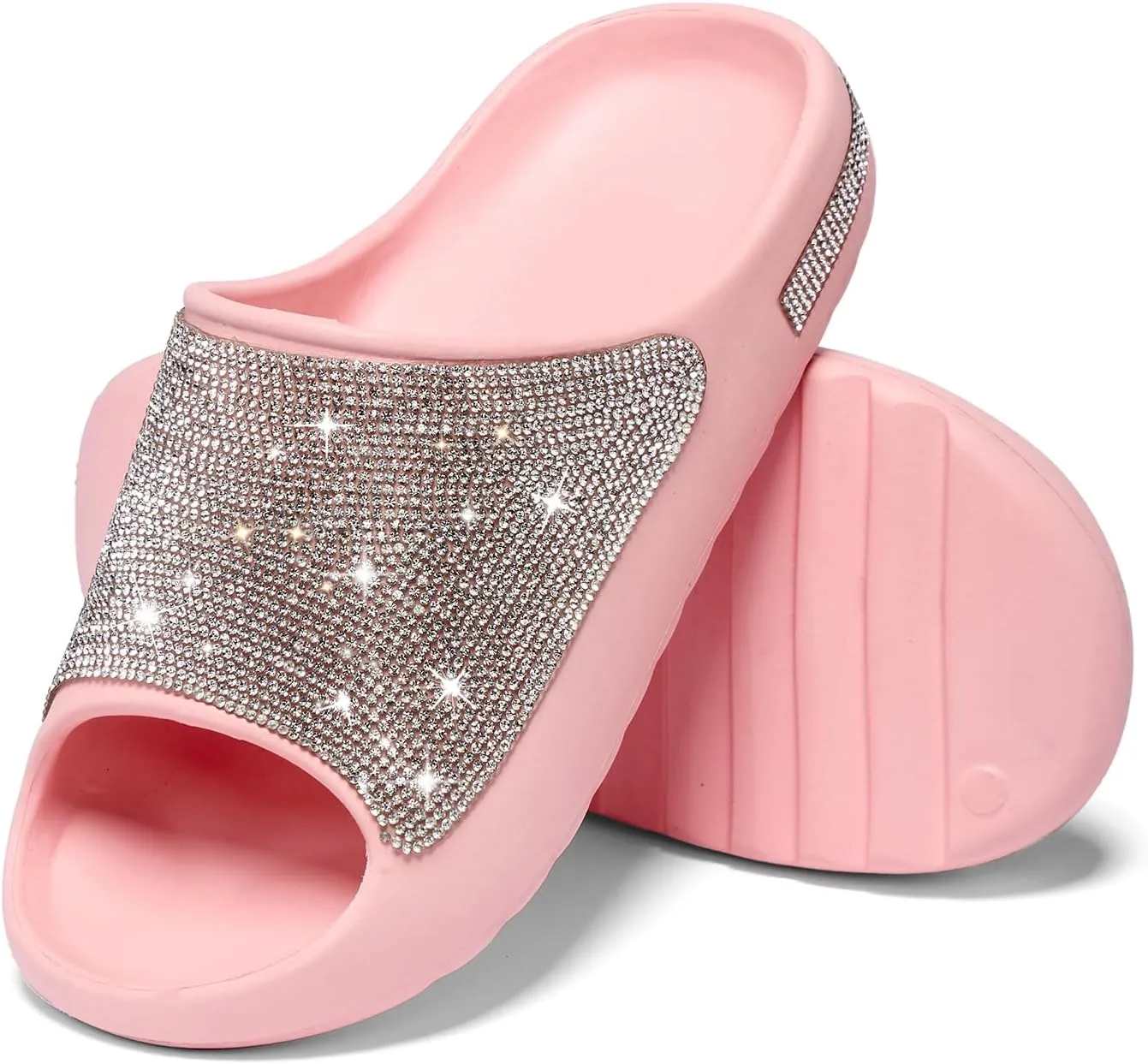 Cloud Slides for Women Thick Sole Sandals Quick Drying Shower Shoes EVA Non-Slip Rhinestone Slippers Glitter Crystal