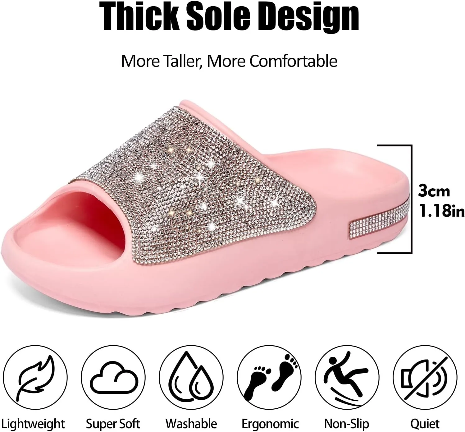Cloud Slides for Women Thick Sole Sandals Quick Drying Shower Shoes EVA Non-Slip Rhinestone Slippers Glitter Crystal