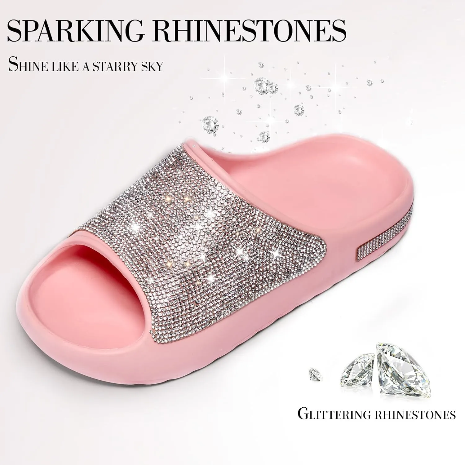 Cloud Slides for Women Thick Sole Sandals Quick Drying Shower Shoes EVA Non-Slip Rhinestone Slippers Glitter Crystal