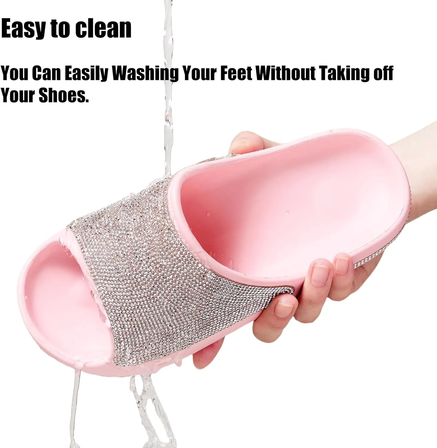 Cloud Slides for Women Thick Sole Sandals Quick Drying Shower Shoes EVA Non-Slip Rhinestone Slippers Glitter Crystal