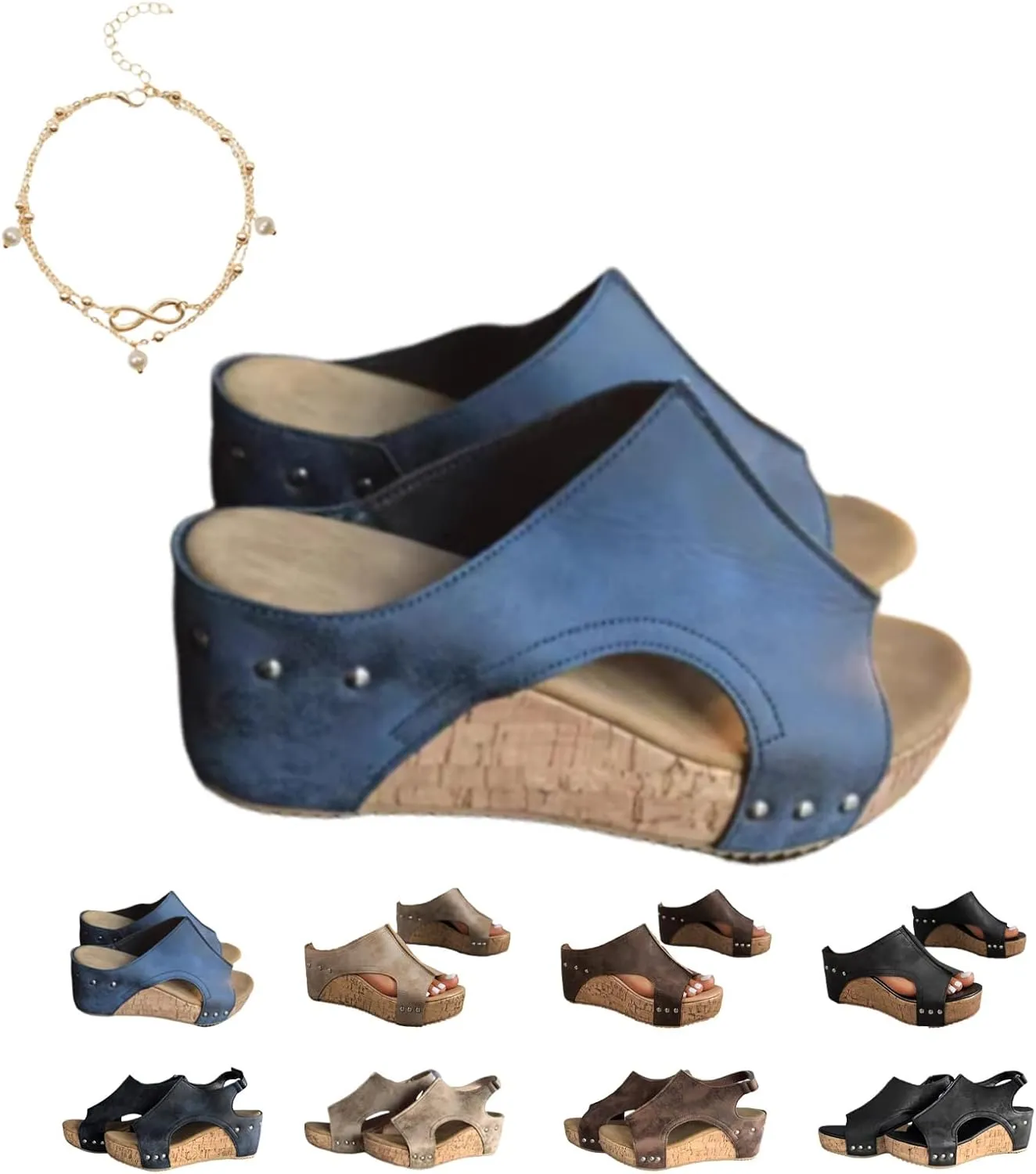 Cork Wedge Sandals for Women, Cork Platform Sandals, Thick Sole Comfy Leather Wedge Non-slip Summer Slippers